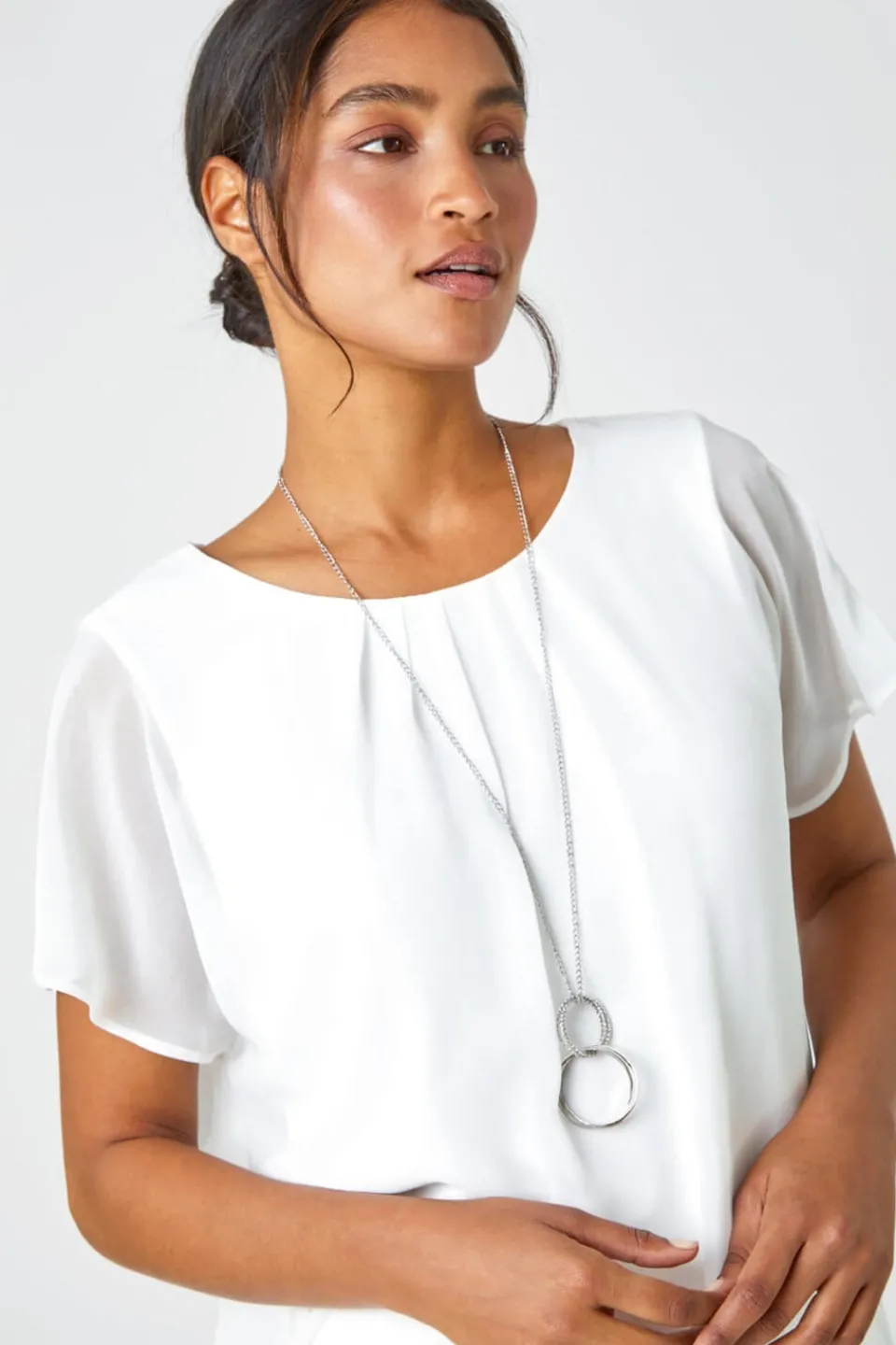 T-Shirts>Roman Chiffon Jersey Chiffon Blouson Top with Necklace Ivory
