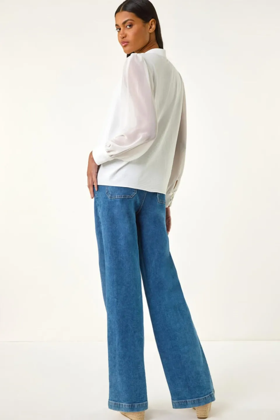 Blouses & Shirts>Roman Ivory Chiffon Sleeve V-Neck Pleated Top
