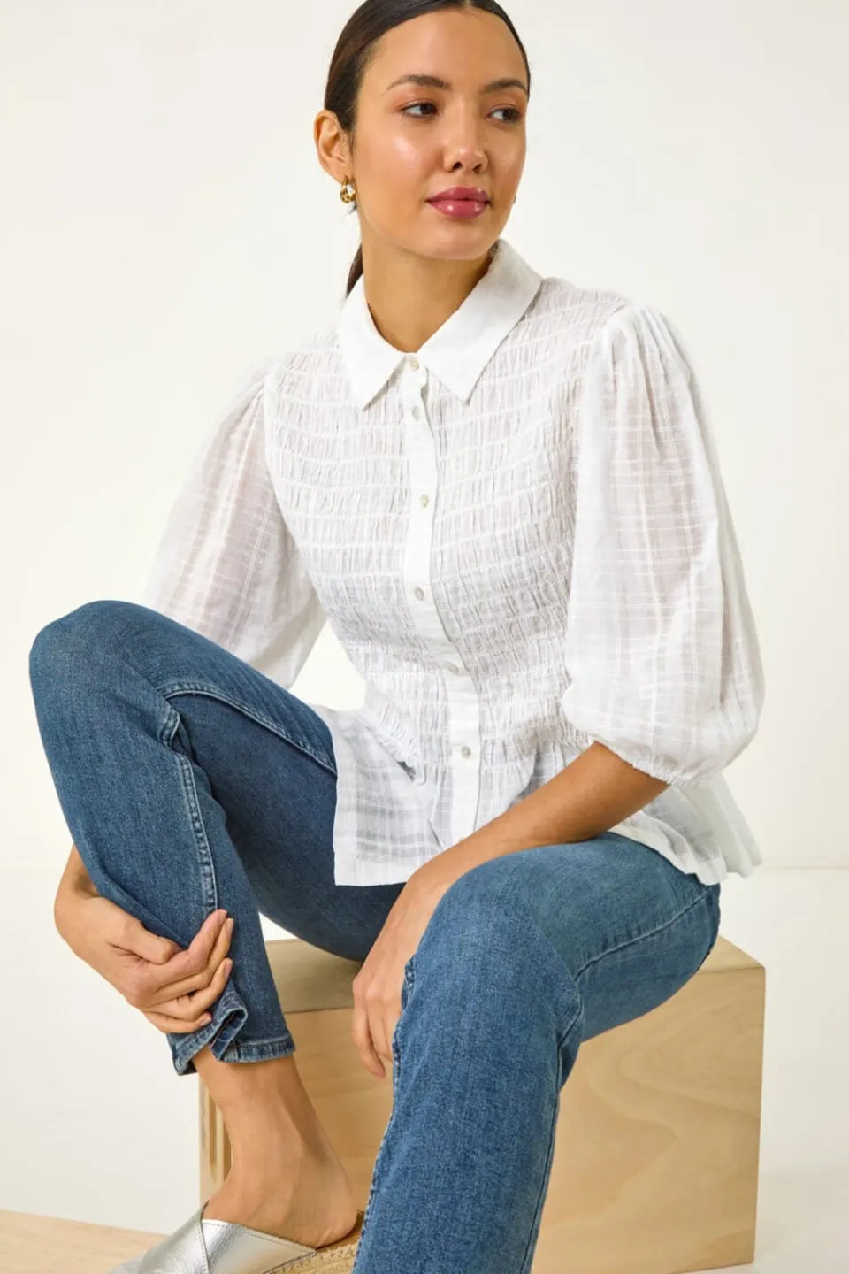 Tops>Roman Ivory Collar Shirred Button Blouse