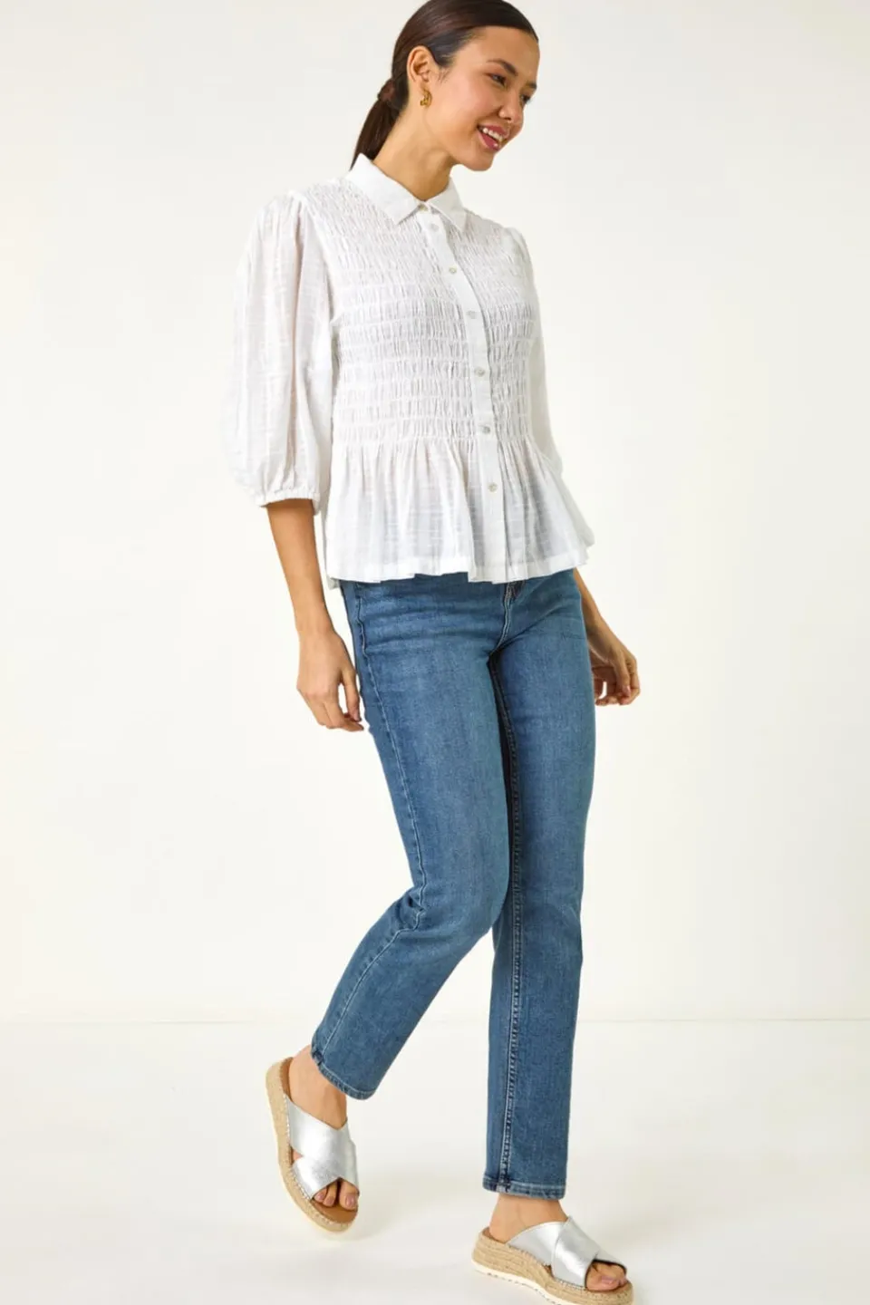 Tops>Roman Ivory Collar Shirred Button Blouse