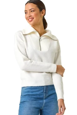 Tops>Roman Collar Zip Neck Knit Jumper Ivory