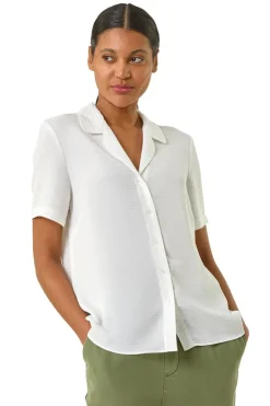 Tops>Roman Ivory Collared Short Sleeve Blouse