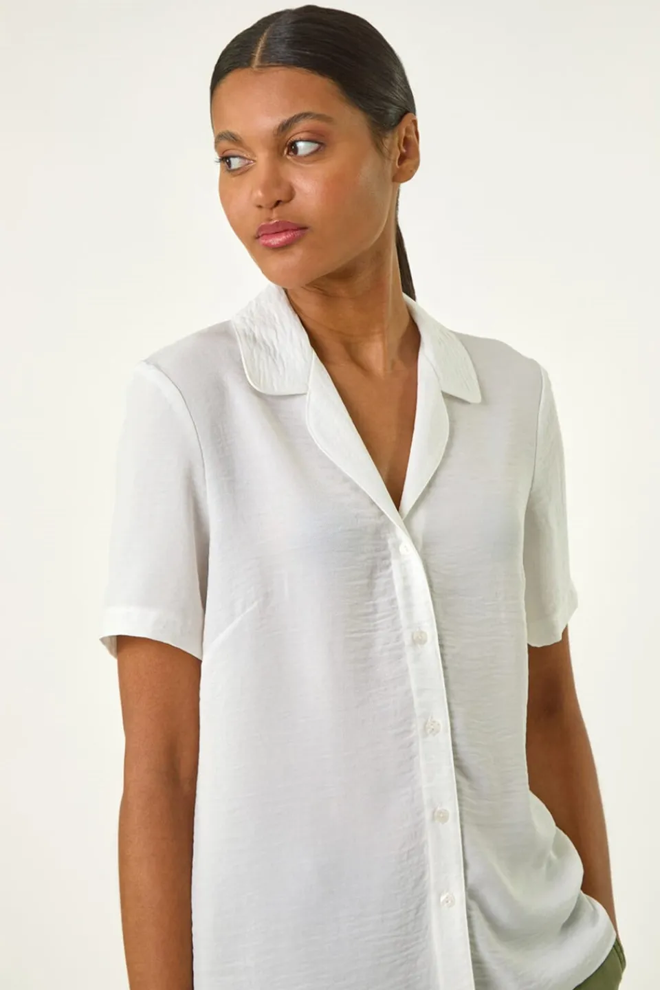 Tops>Roman Ivory Collared Short Sleeve Blouse