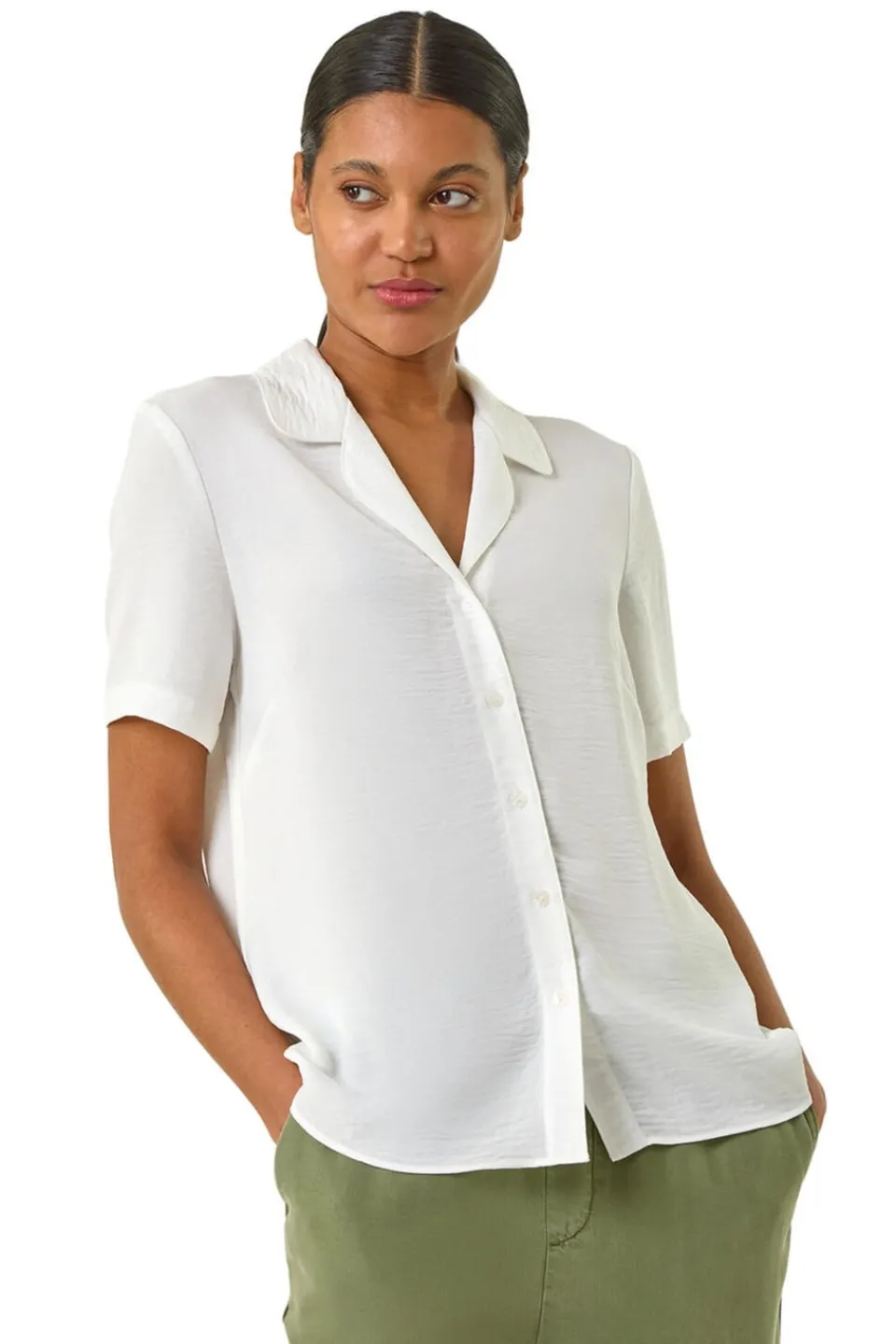Tops>Roman Ivory Collared Short Sleeve Blouse