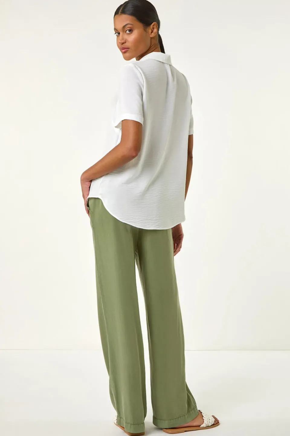Tops>Roman Ivory Collared Short Sleeve Blouse