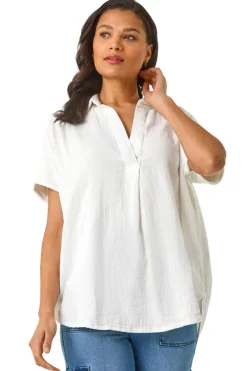 Tops>Roman Ivory Collared V Neck Pleated Top