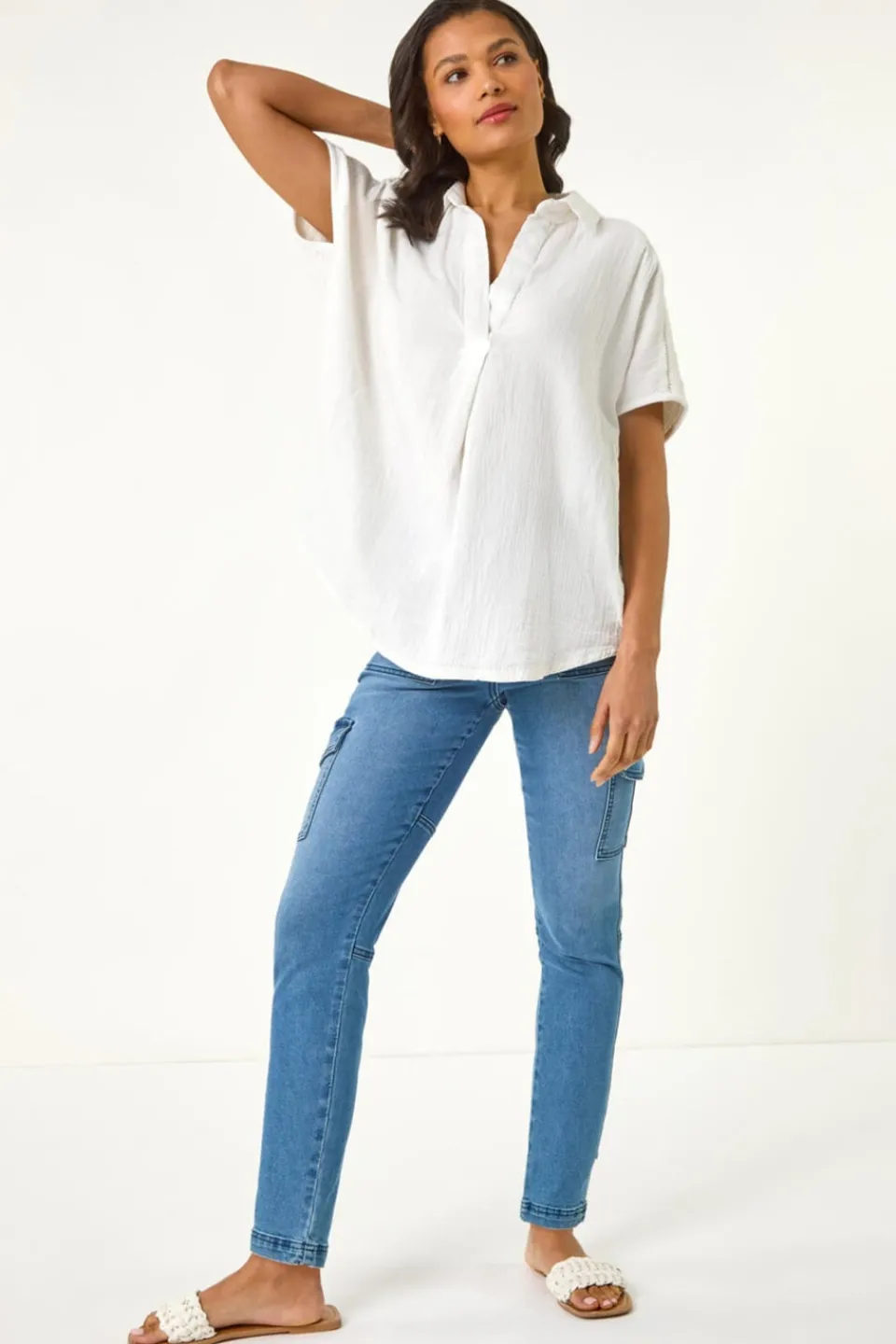 Tops>Roman Ivory Collared V Neck Pleated Top