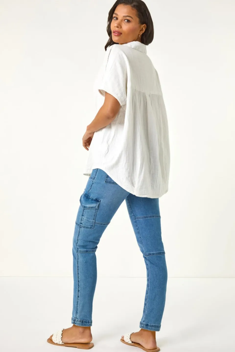 Tops>Roman Ivory Collared V Neck Pleated Top