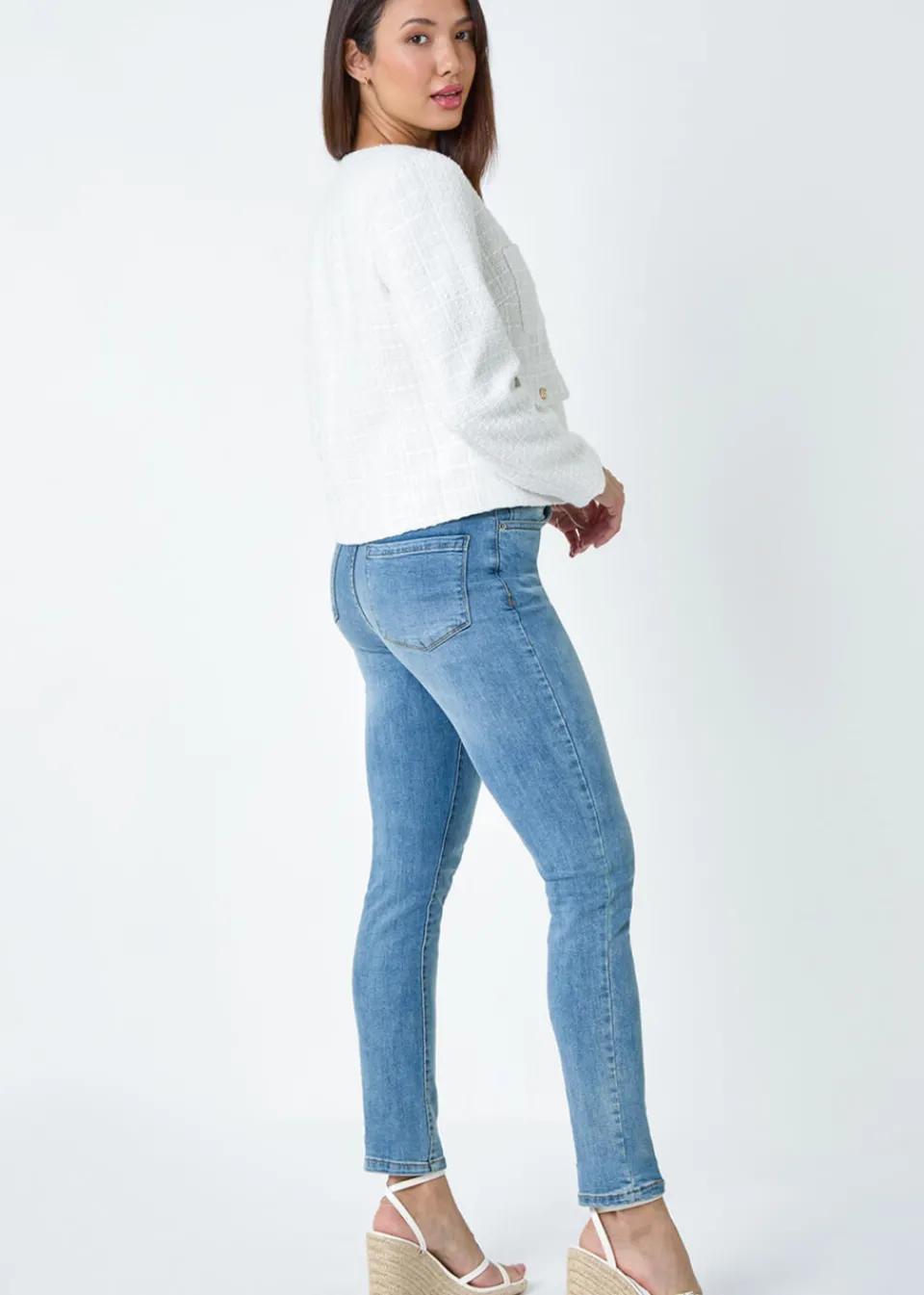 Coats & Jackets>Roman Ivory Collarless Boucle Jacket
