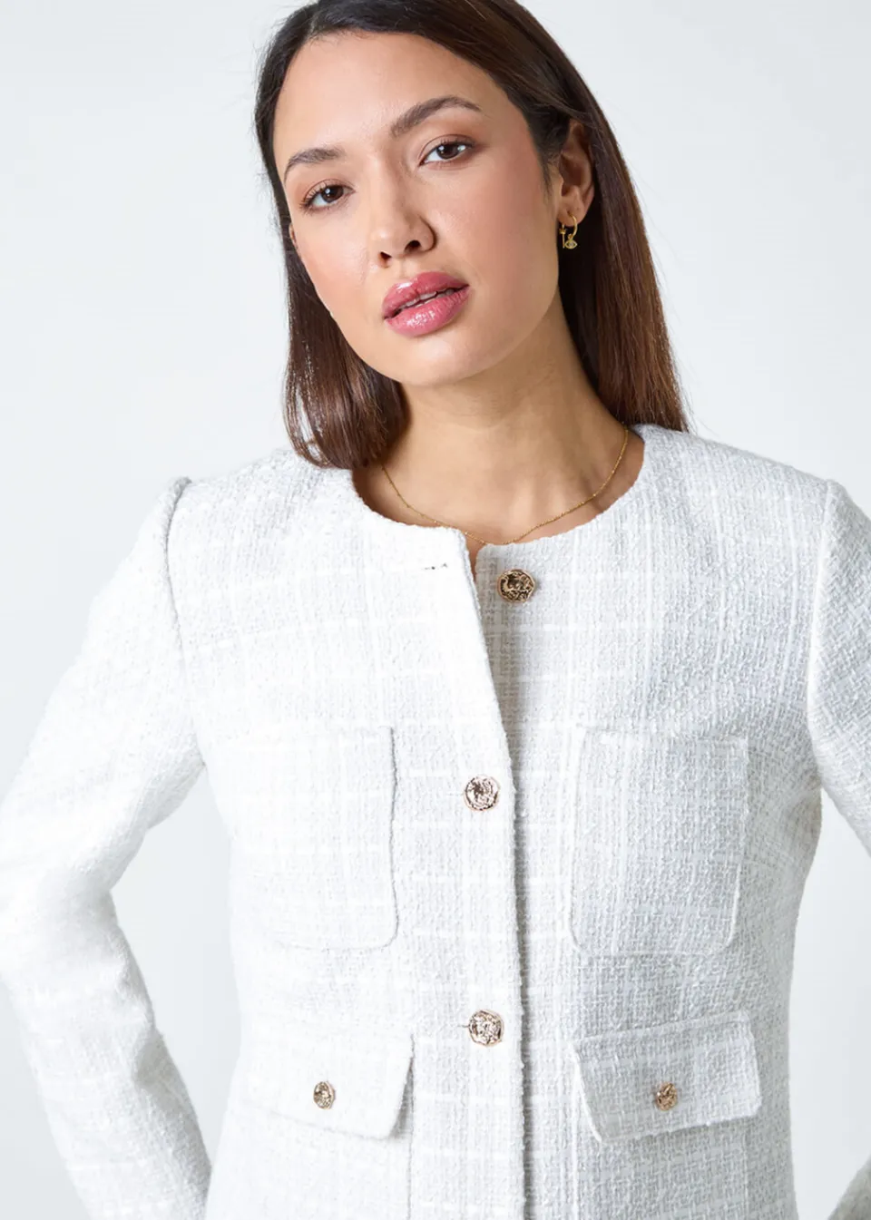 Coats & Jackets>Roman Ivory Collarless Boucle Jacket
