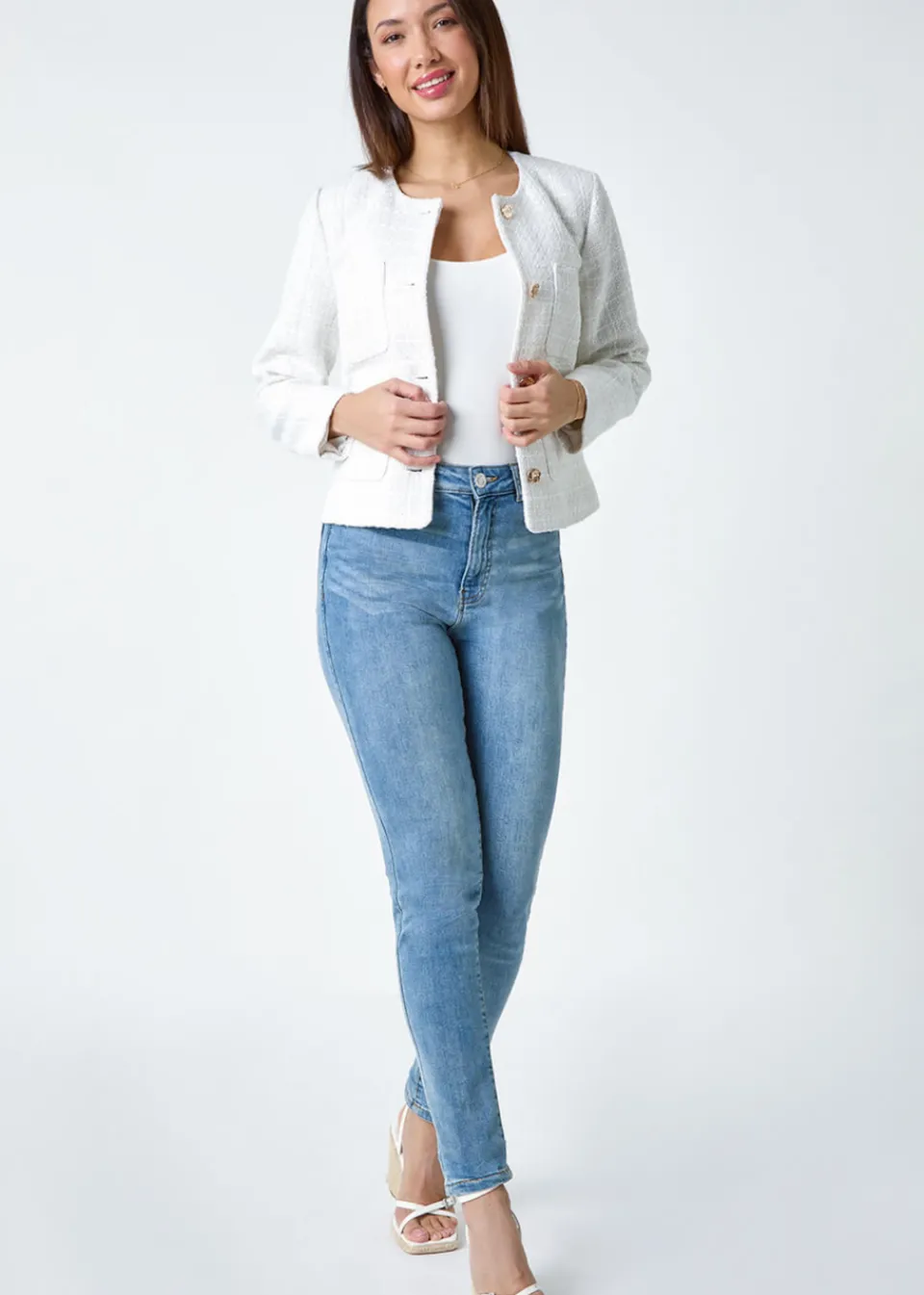 Coats & Jackets>Roman Ivory Collarless Boucle Jacket