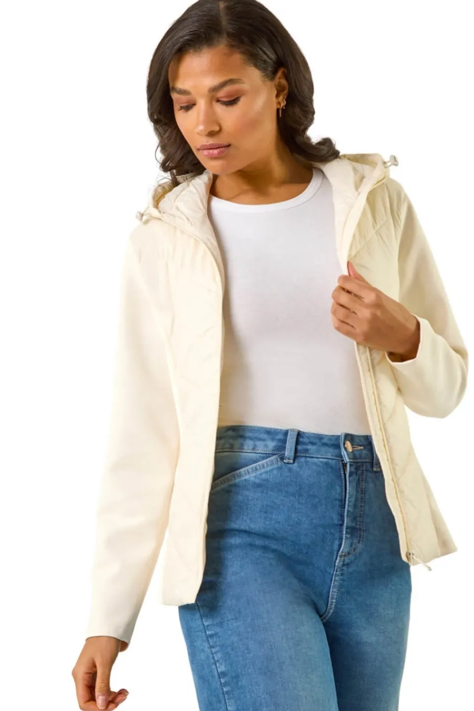 Coats & Jackets>Roman Ivory Contrast Hooded Padded Jacket