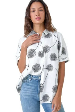Tops>Roman Ivory Cotton Blend Dandelion Print Shirt