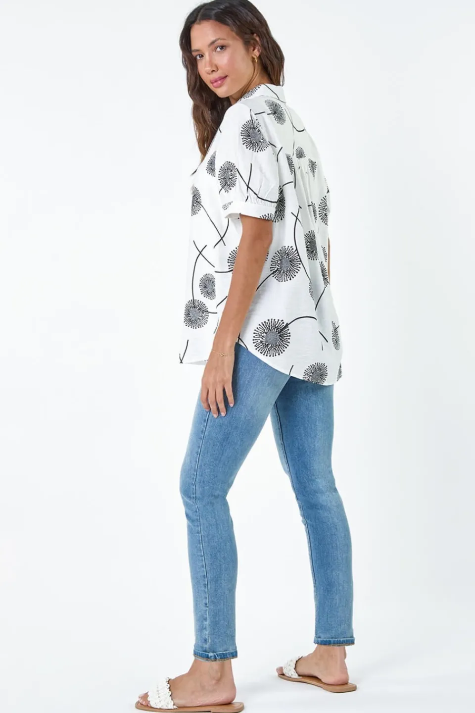 Tops>Roman Ivory Cotton Blend Dandelion Print Shirt