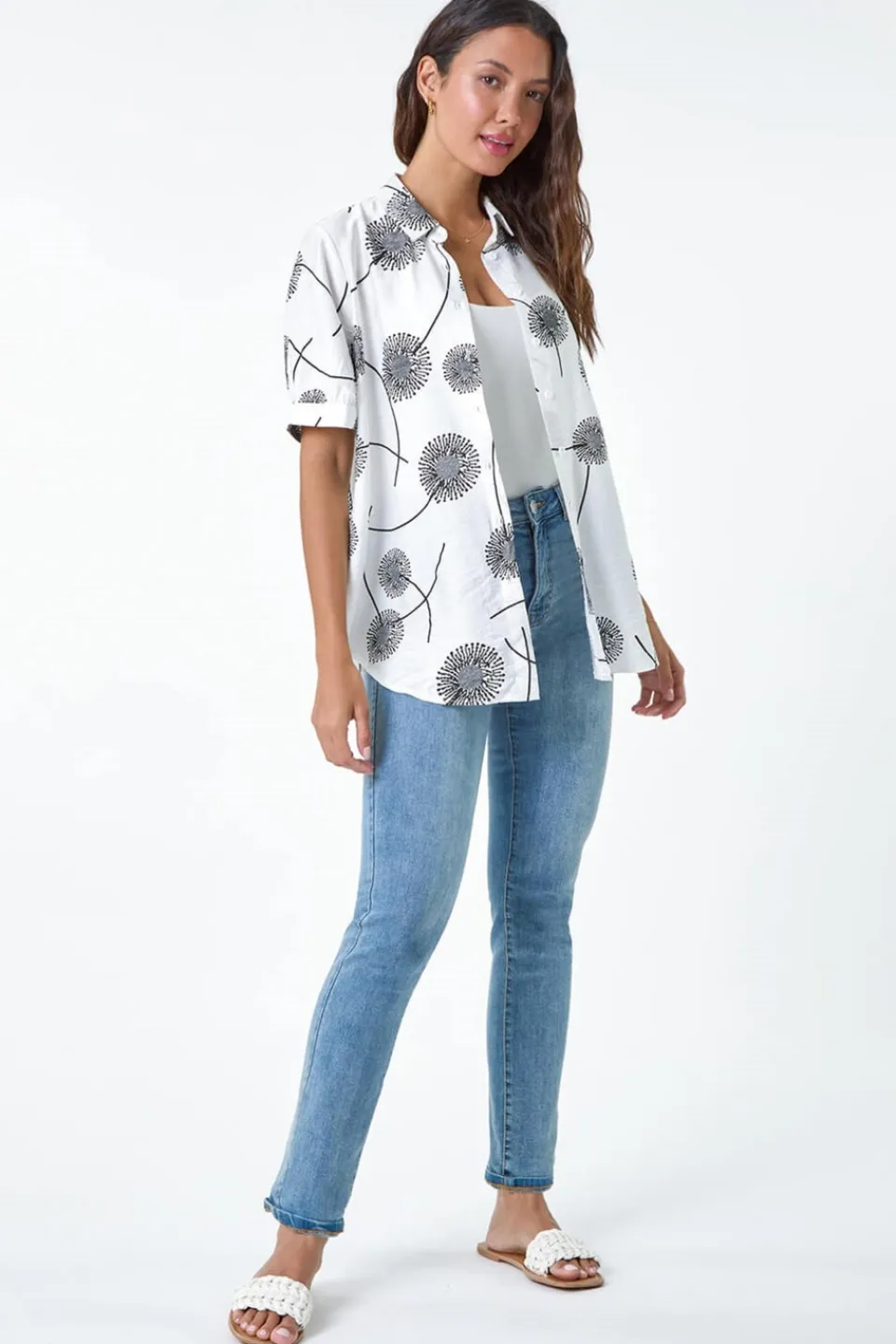 Tops>Roman Ivory Cotton Blend Dandelion Print Shirt
