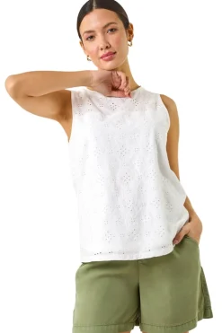 Tops>Roman Ivory Cotton Broderie Vest Top