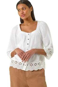 Tops>Roman Ivory Cotton Broderie Hem Blouse