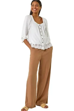 Tops>Roman Ivory Cotton Broderie Hem Blouse