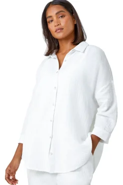 Tops>Roman Ivory Cotton Textured Button Shirt
