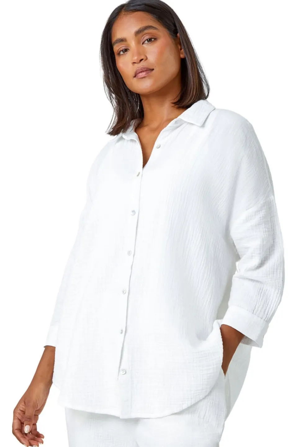 Tops>Roman Ivory Cotton Textured Button Shirt