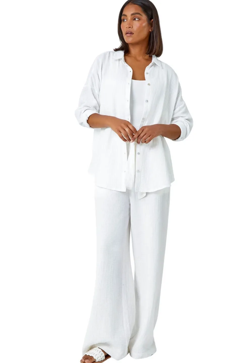 Tops>Roman Ivory Cotton Textured Button Shirt
