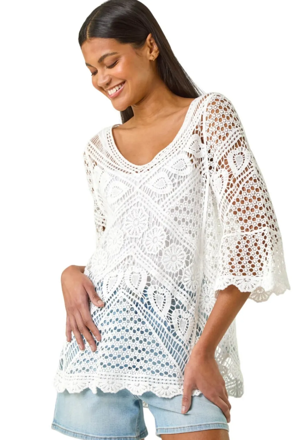 Tops>Roman Ivory Crochet Lace V-Neck Open Knit