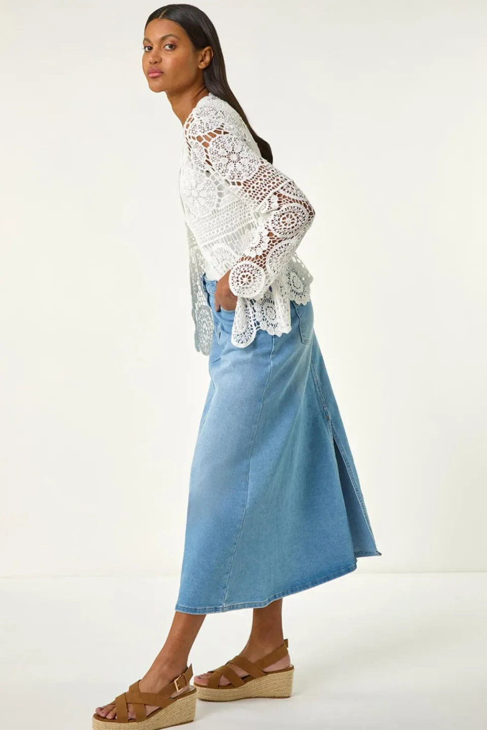 Tops>Roman Ivory Crochet Tie Front Knit Cardigan