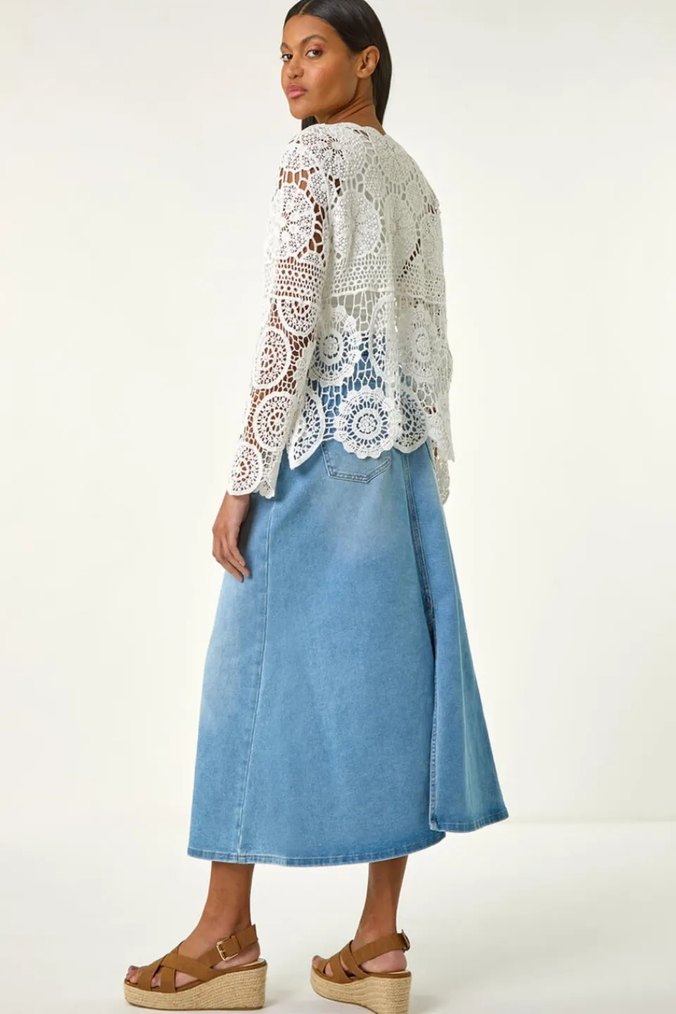 Tops>Roman Ivory Crochet Tie Front Knit Cardigan