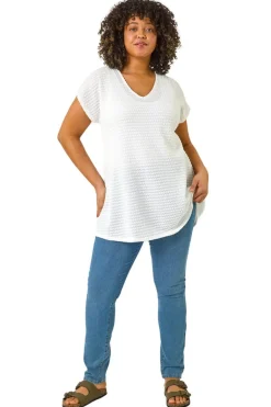 Tops>Roman Ivory Curve Crochet V-Neck Stretch Top