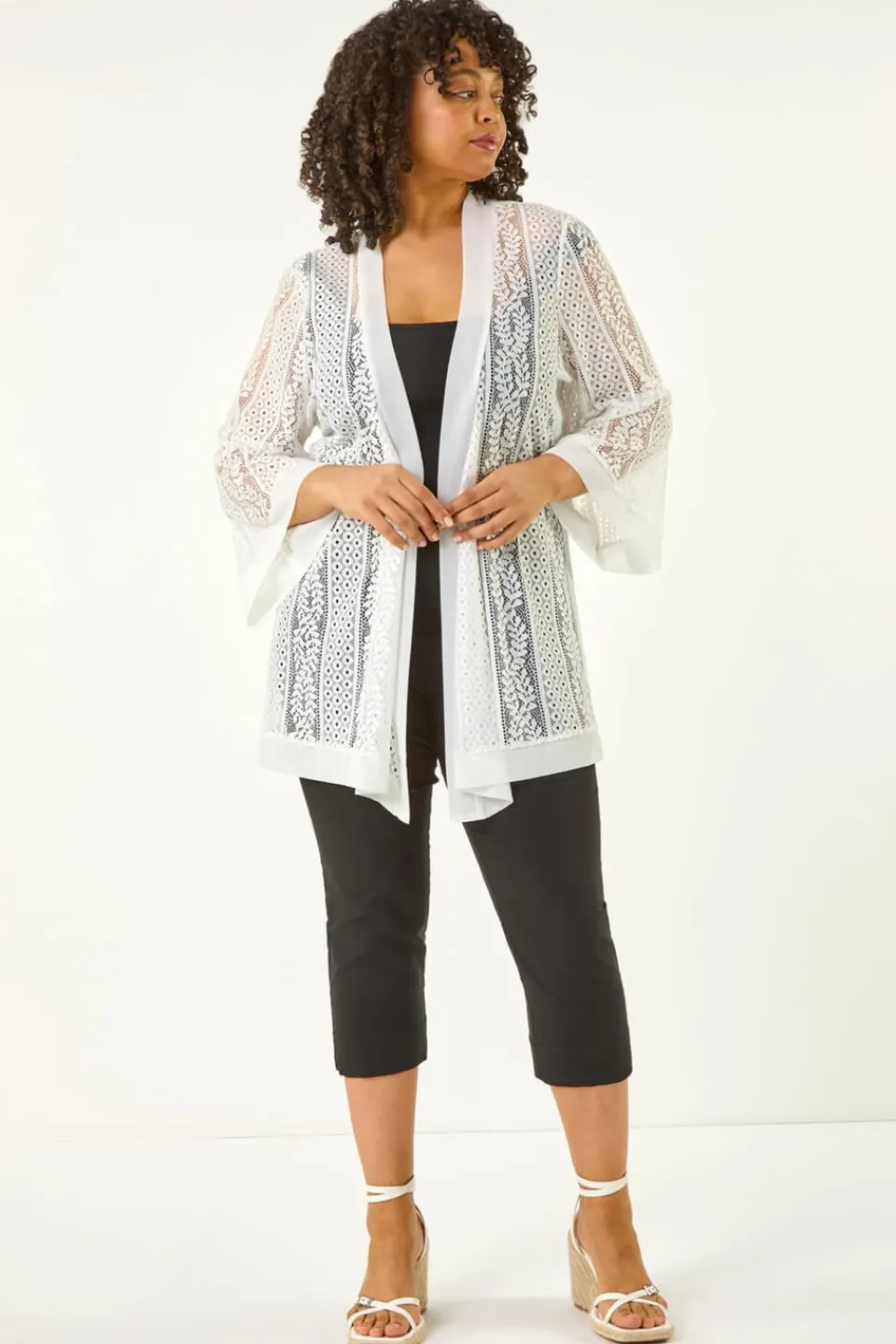 Tops>Roman Ivory Curve Crochet Knit Cardigan