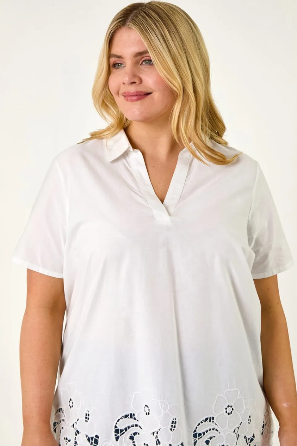 Tops>Roman Ivory Curve Floral Cut Out Woven Top