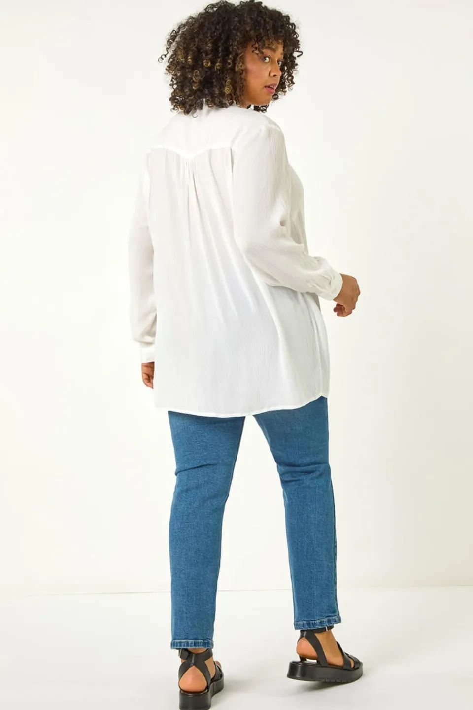 Tops>Roman Ivory Curve Lace Trim Pintuck Blouse