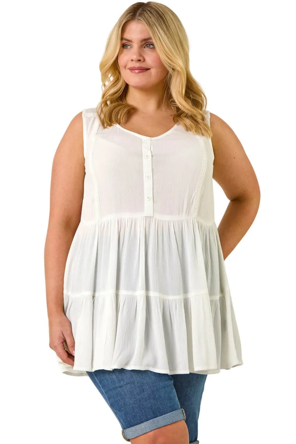 Tops>Roman Ivory Curve Lace Woven Button Vest