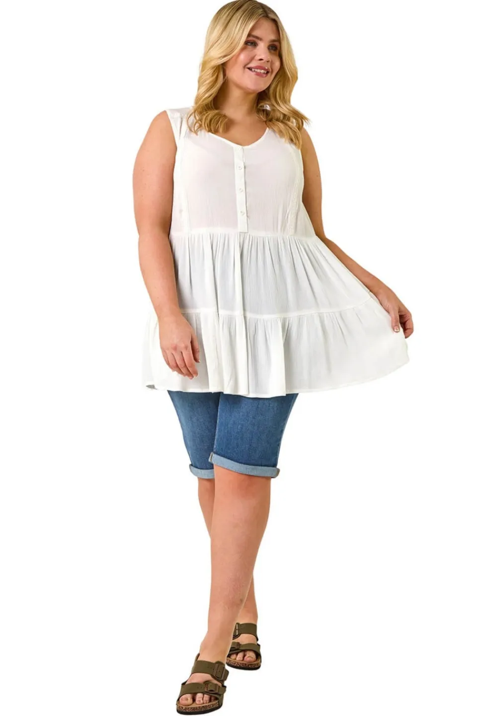 Tops>Roman Ivory Curve Lace Woven Button Vest