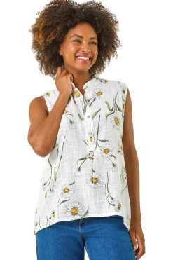 Tops>Roman Ivory Daisy Print V Neck Vest
