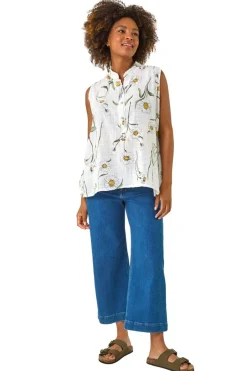 Tops>Roman Ivory Daisy Print V Neck Vest