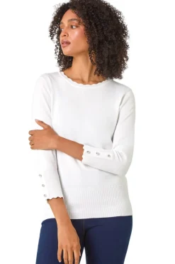 Tops>Roman Diamante Button Scallop Edge Jumper Ivory