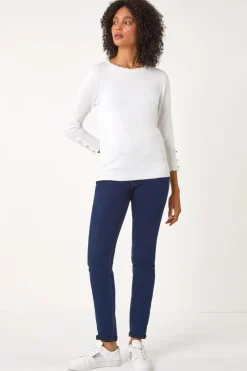 Tops>Roman Diamante Button Scallop Edge Jumper Ivory
