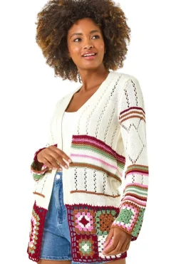Tops>Roman Ivory Edge Crochet Detail Knit Cardigan