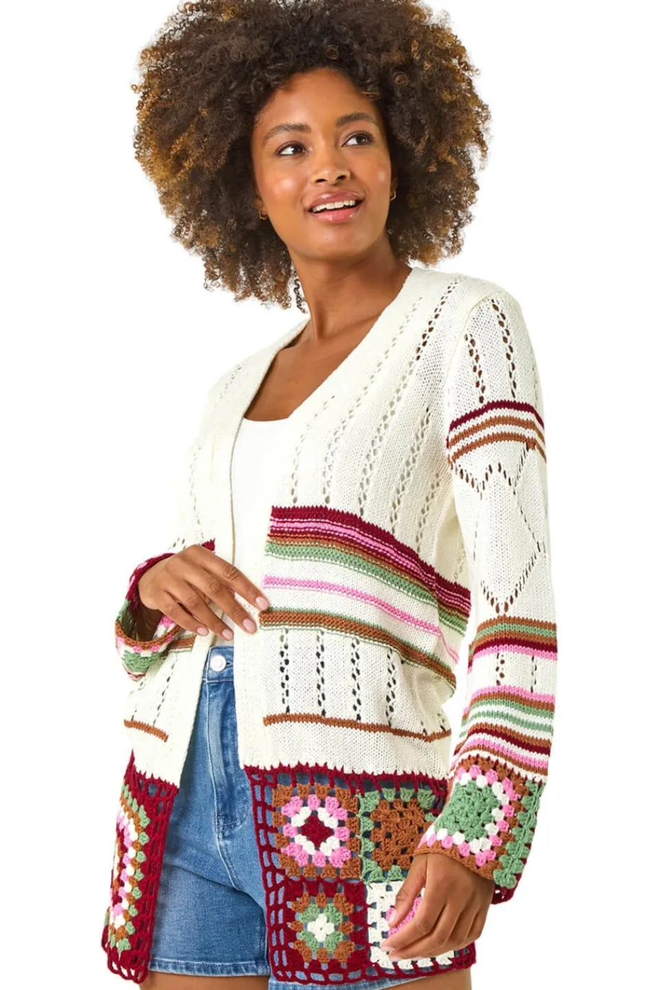 Tops>Roman Ivory Edge Crochet Detail Knit Cardigan