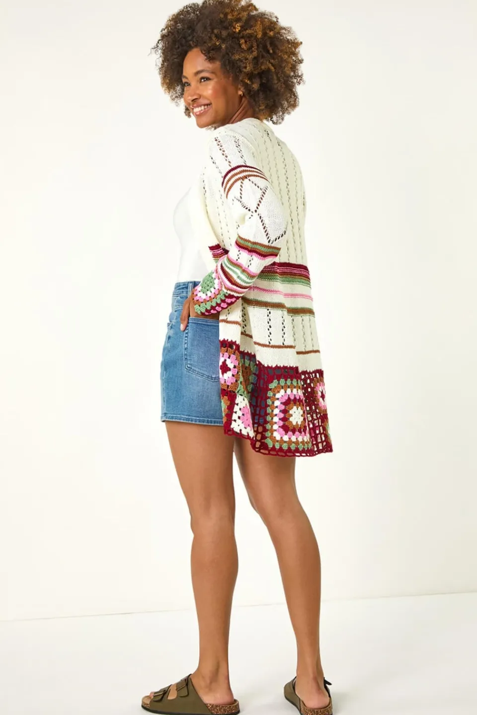 Tops>Roman Ivory Edge Crochet Detail Knit Cardigan