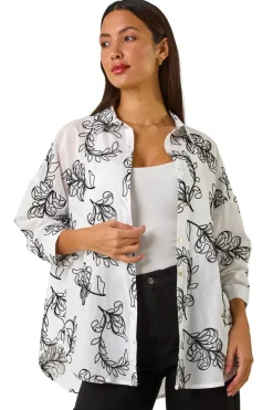 Tops>Roman Ivory Embroidered Floral Cotton Shirt
