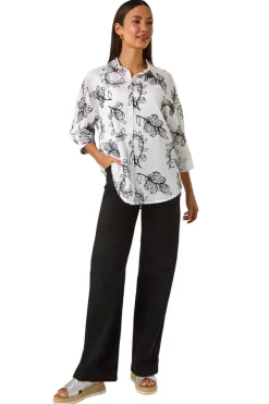 Tops>Roman Ivory Embroidered Floral Cotton Shirt