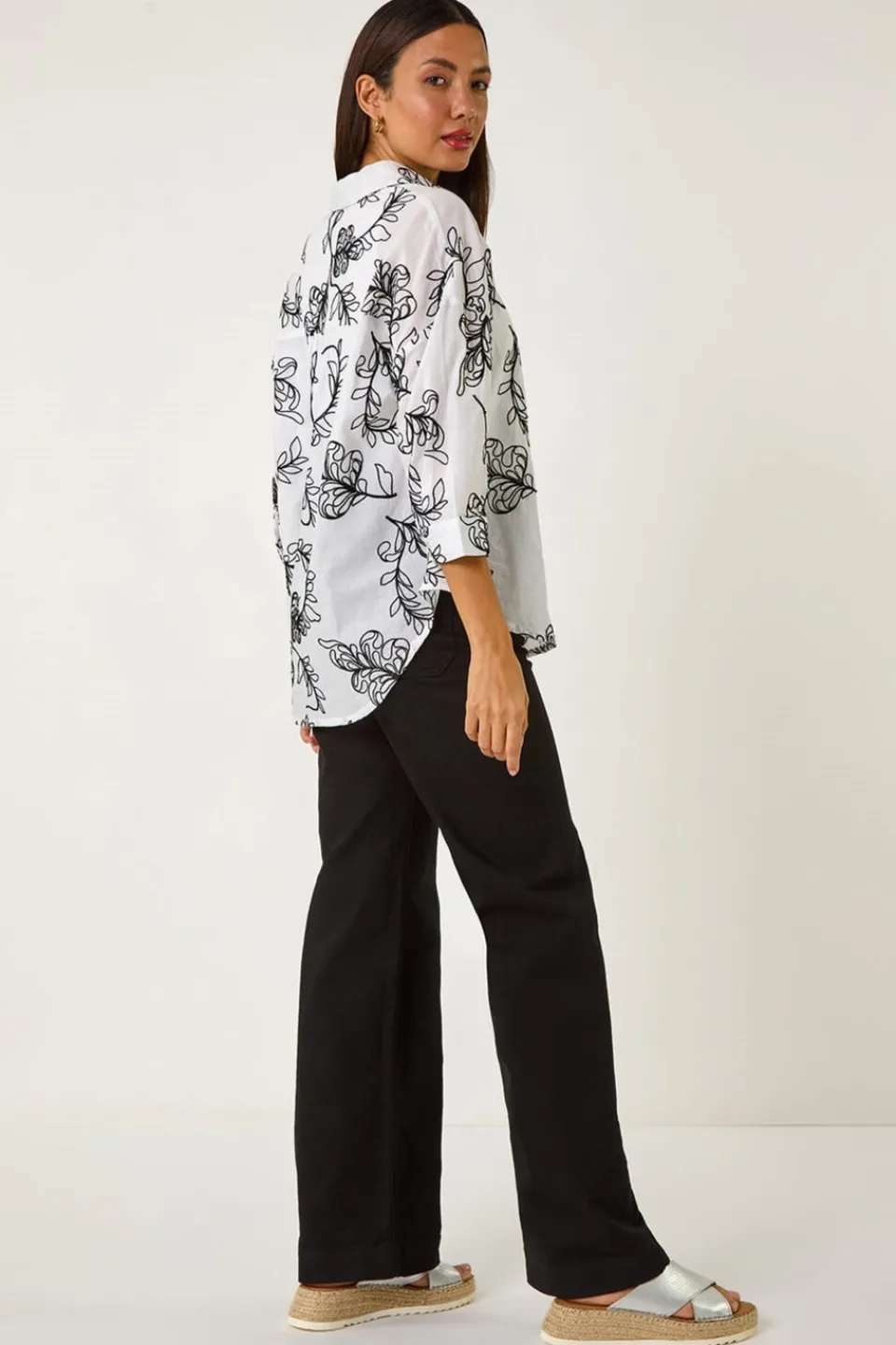 Tops>Roman Ivory Embroidered Floral Cotton Shirt