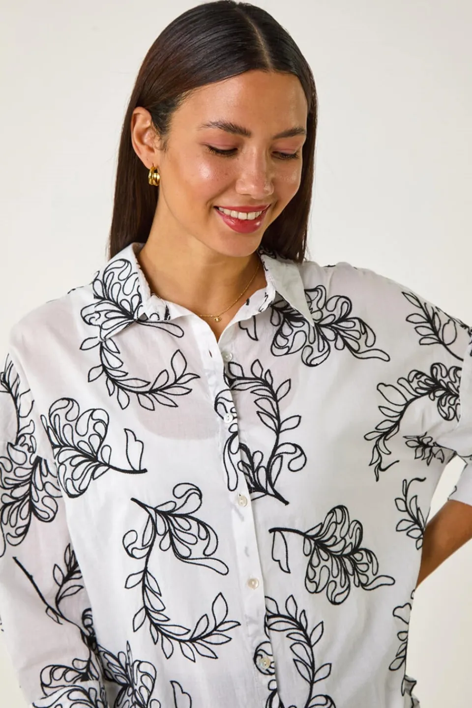 Tops>Roman Ivory Embroidered Floral Cotton Shirt
