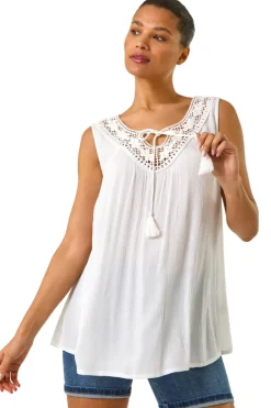 Tops>Roman Ivory Embroidered Tie Neck Vest Top