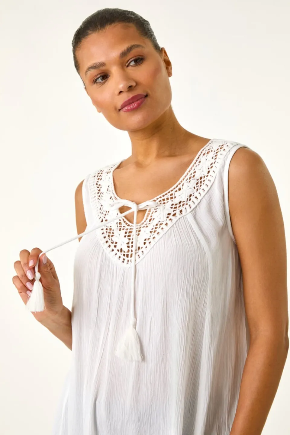 Tops>Roman Ivory Embroidered Tie Neck Vest Top
