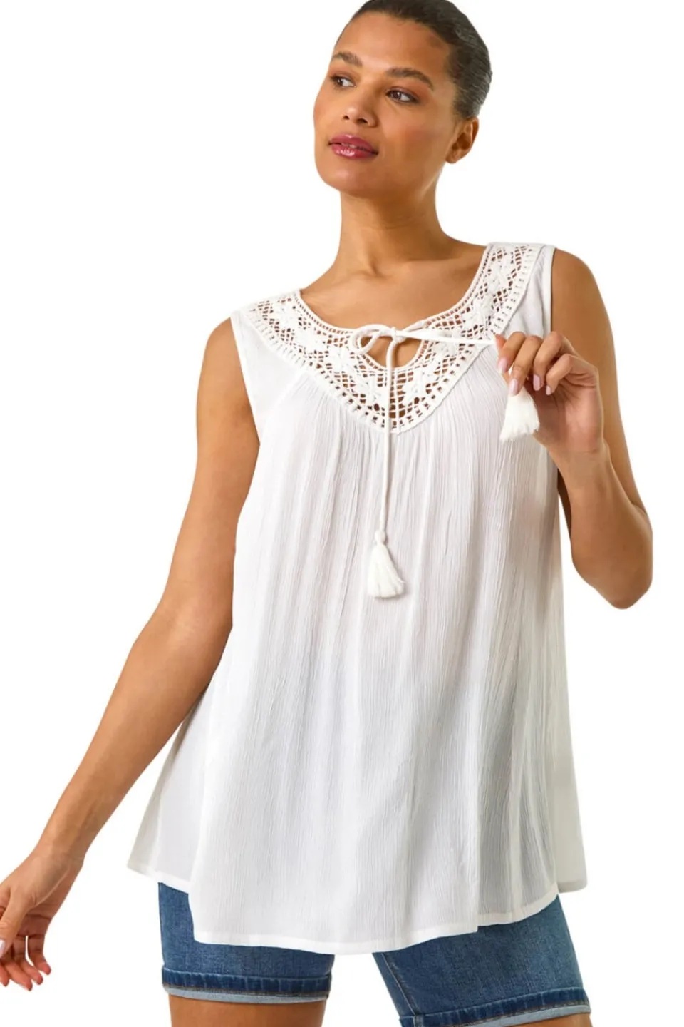 Tops>Roman Ivory Embroidered Tie Neck Vest Top