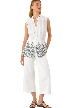 Blouses & Shirts>Roman Ivory Embroidered V-Neck Blouse