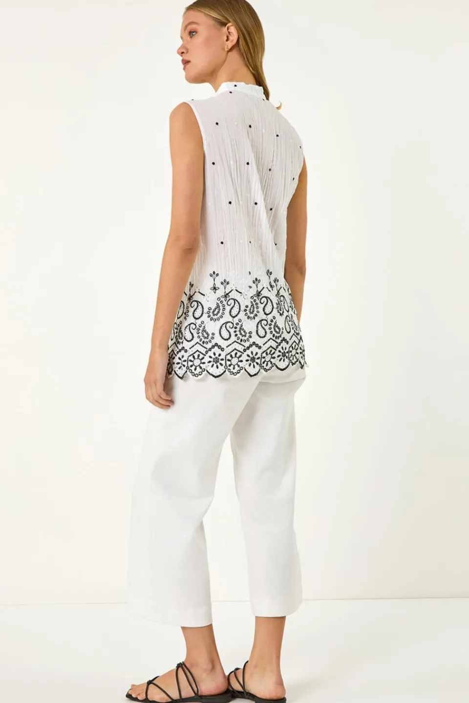 Blouses & Shirts>Roman Ivory Embroidered V-Neck Blouse